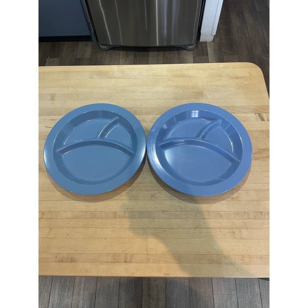 2 POTTERY BARN KIDS Blue DIVIDED PLATES 10.5" MELAMINE Heavy Shatterproof